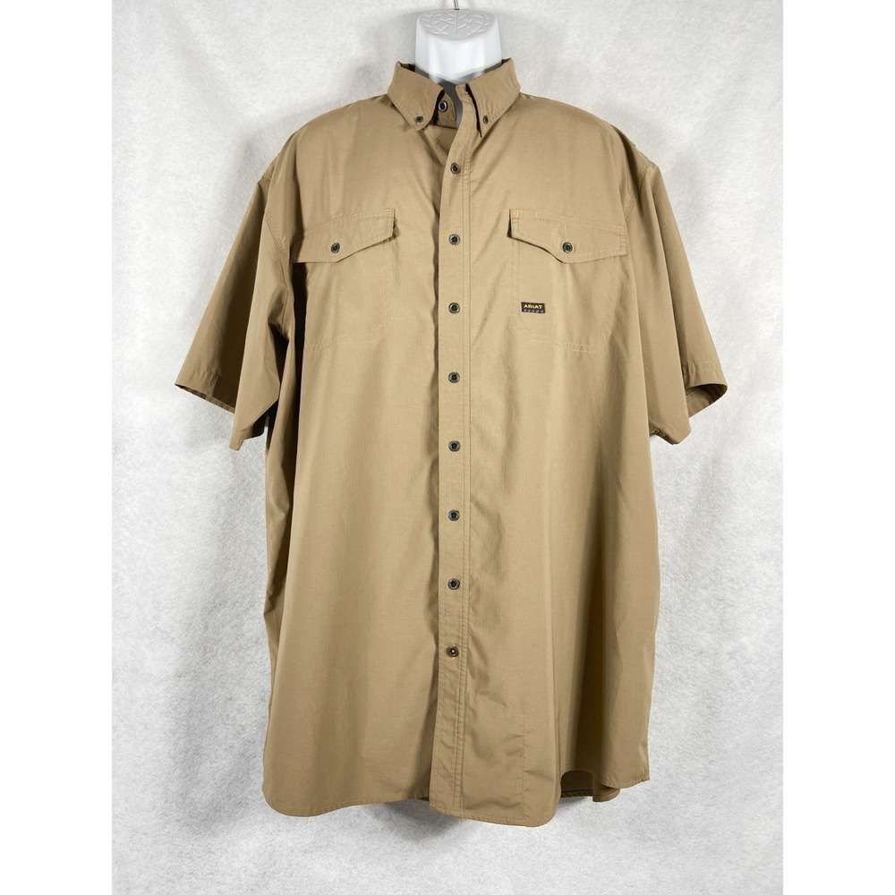 Ariat Rebar Shirt Mens XXL Tall Tan Vented Short Sleeve Button Up Work Outdoors